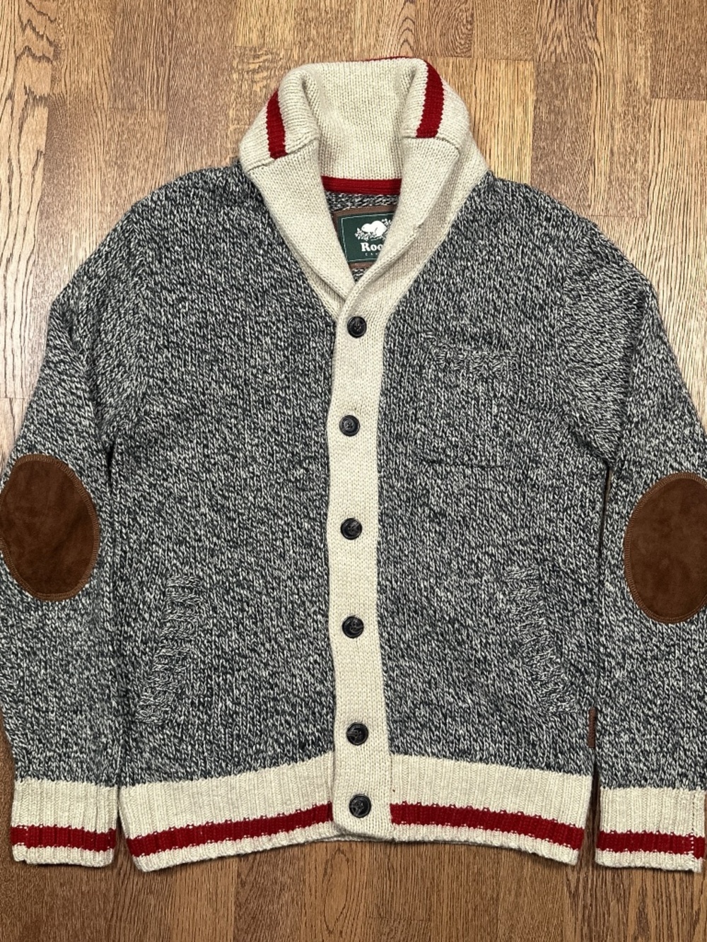 Roots Wool Blend Shawl Collar Suede Elbow Patch Knit Cardigan Sweater Mens M